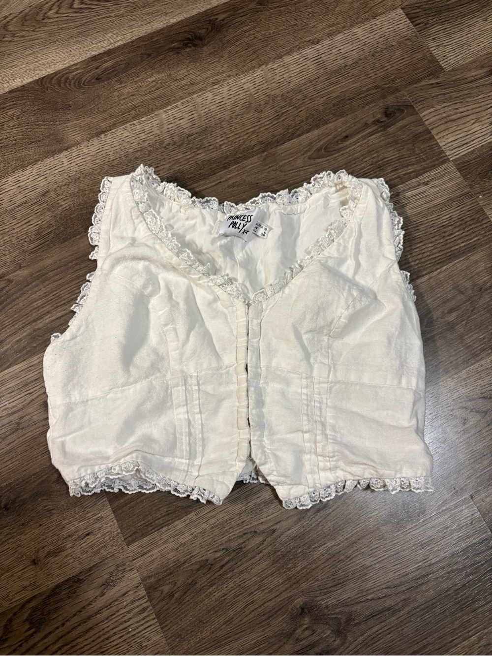 Princess Polly Cream Lace-Trim Cropped Button Tank